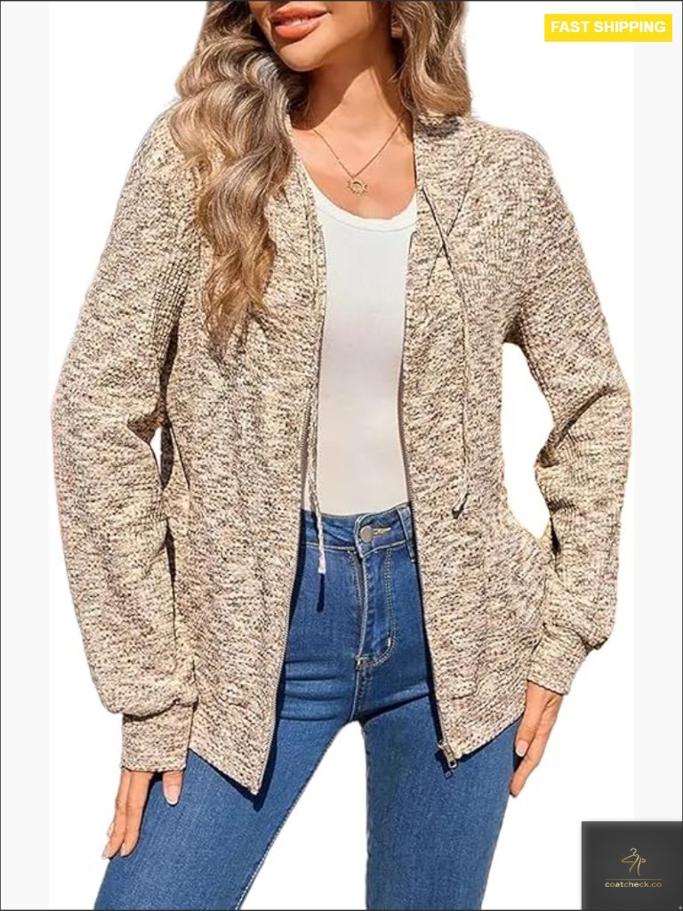 Waffle Knit Zip Up Hoodie Casual Lightweight Sweatshirt Relaxed Fit With Pockets